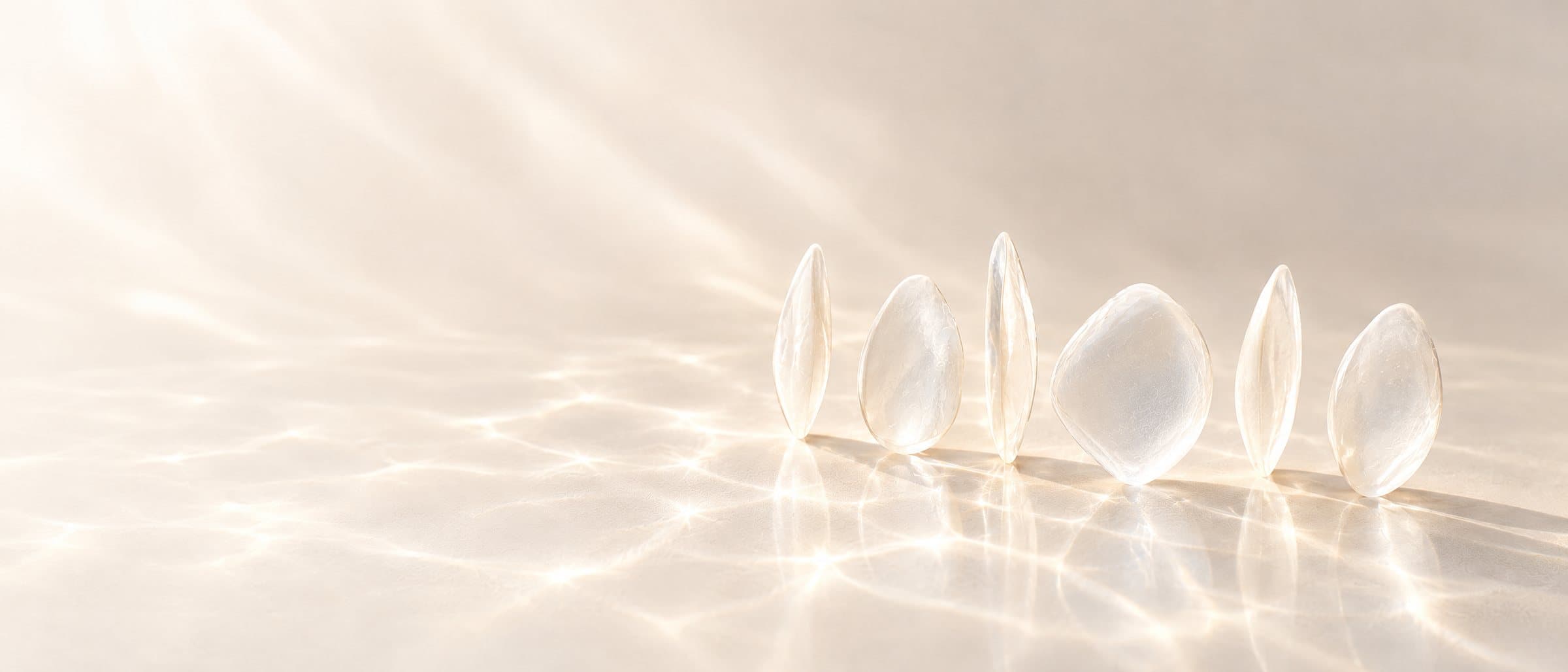 Six veneer shells standing in a row in soft morning light
