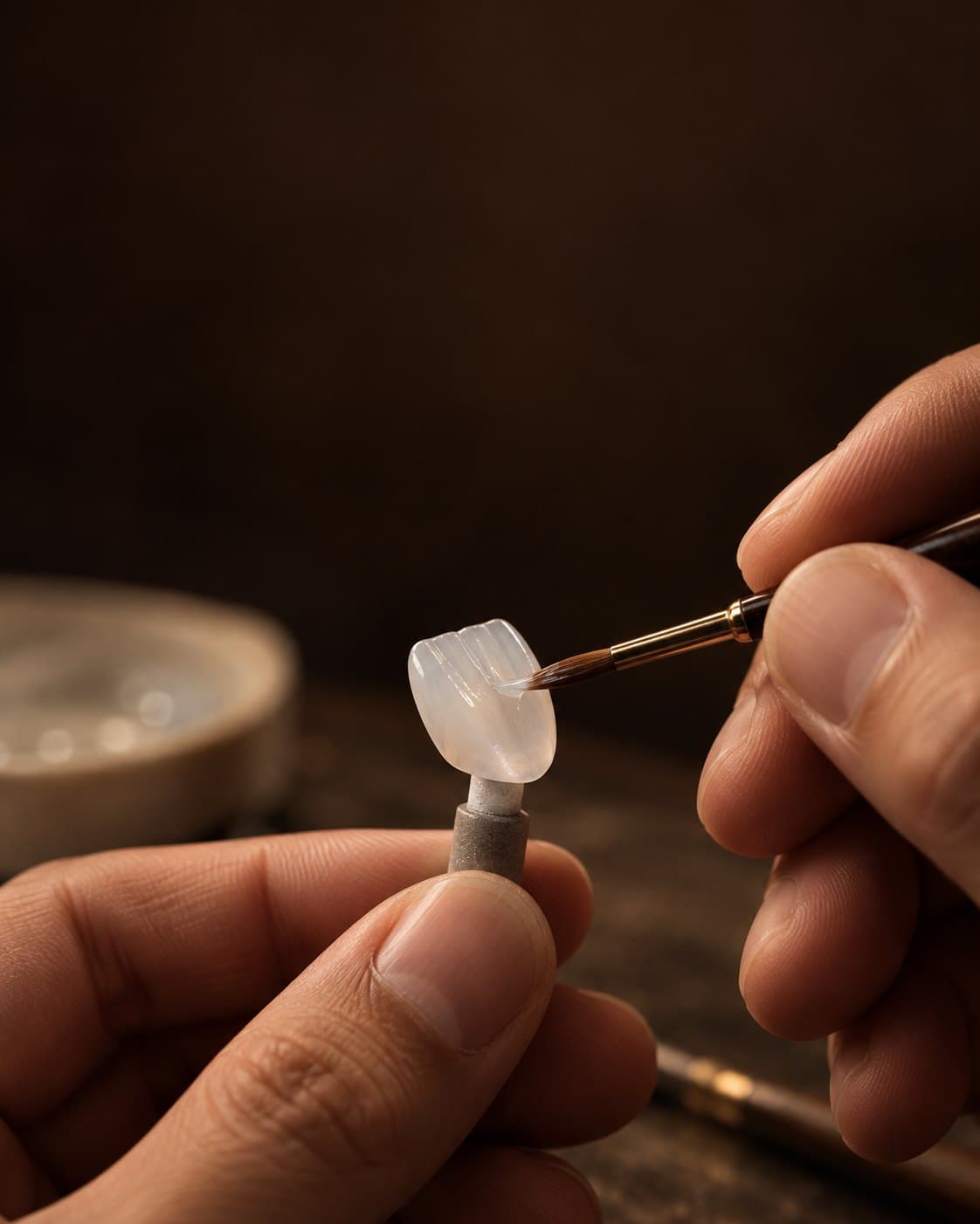 A ceramist glazing a veneer shell with a fine brush