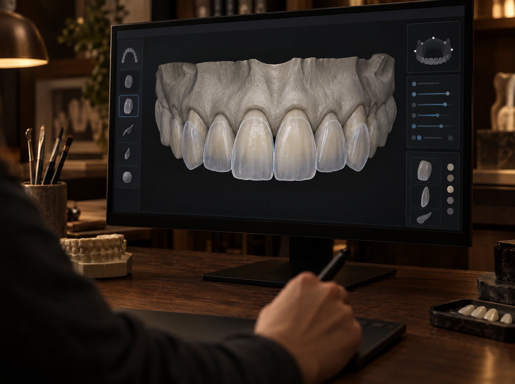 Dental CAD software showing veneers designed over the upper front teeth