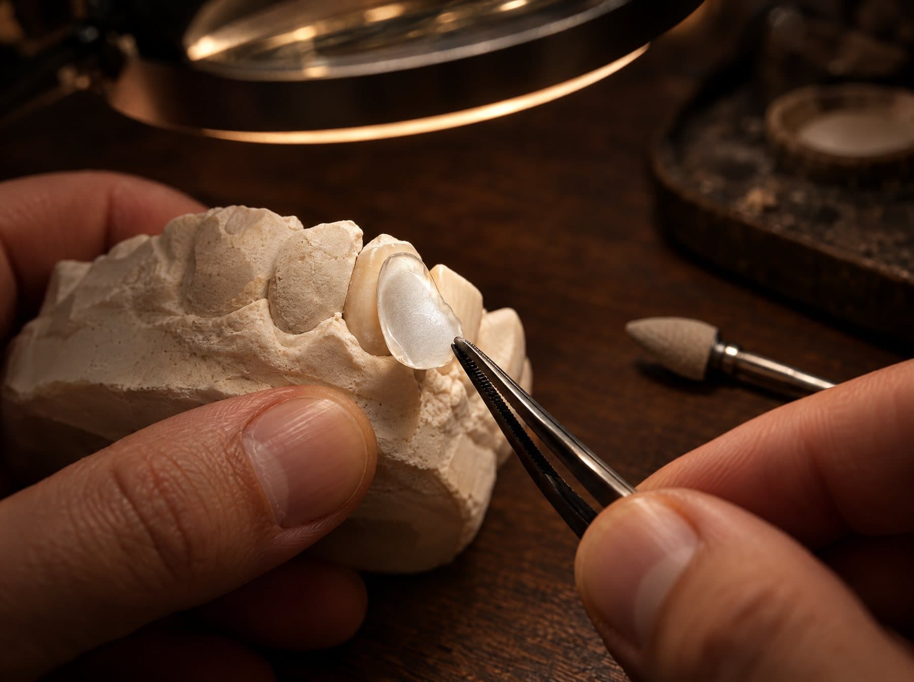 A ceramist seating a veneer shell on a gypsum model with tweezers