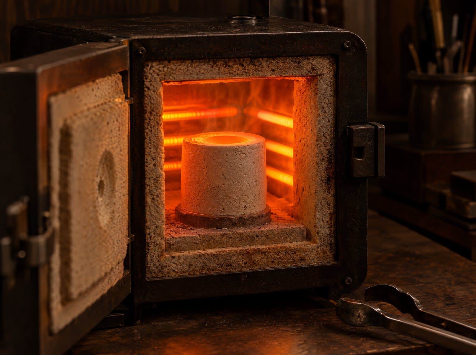 An investment ring glowing inside a burnout furnace