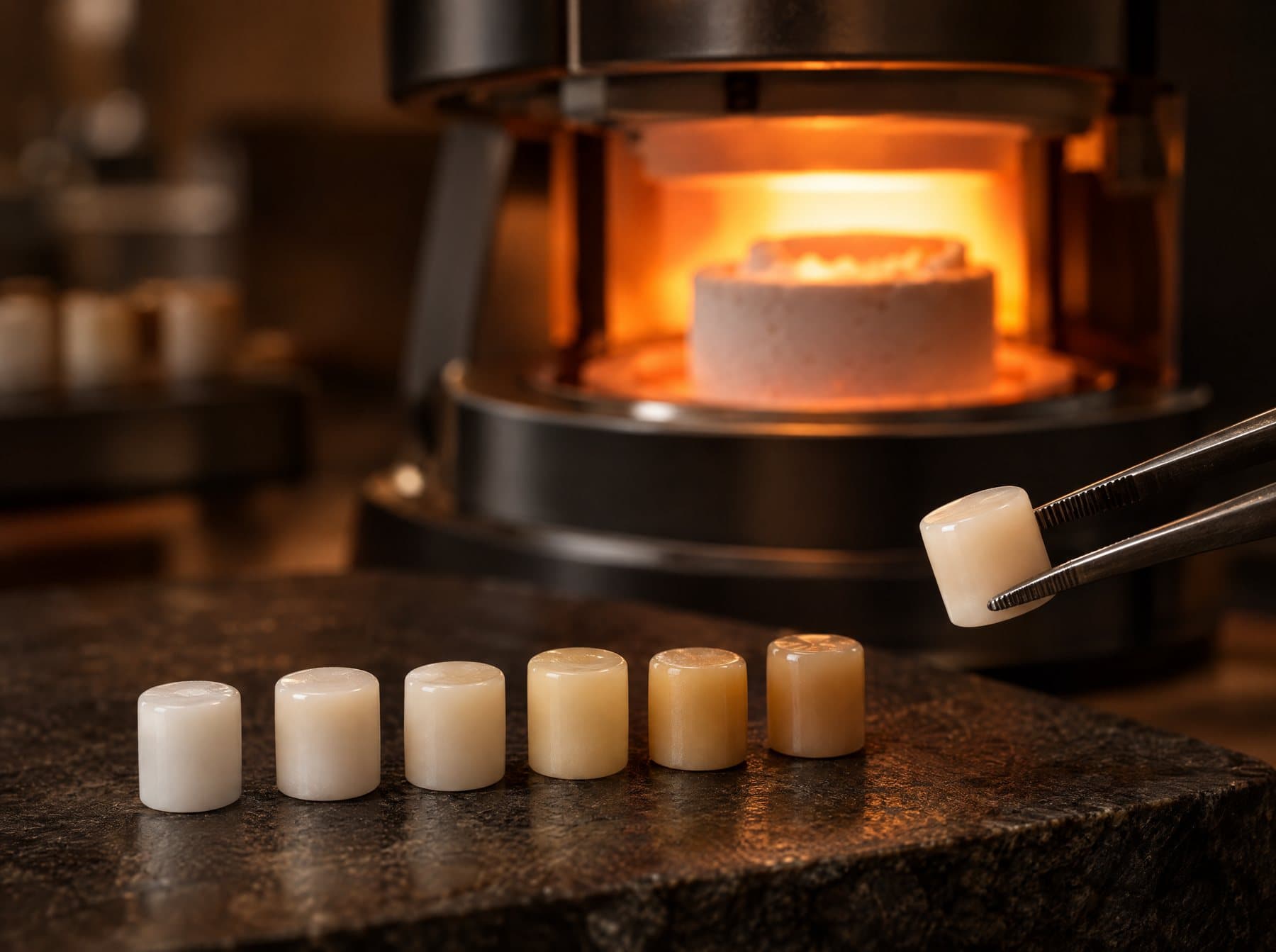 Ceramic ingots in several shades in front of a press furnace