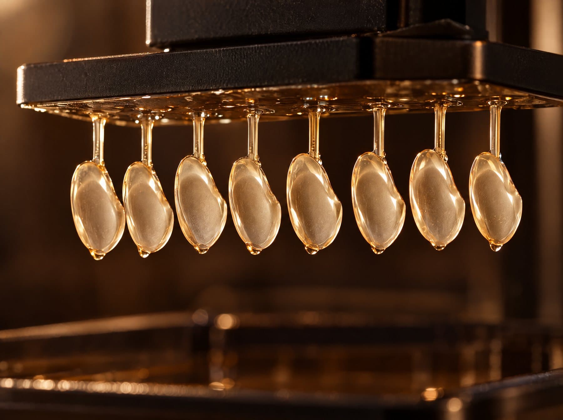 Thin veneer patterns in amber resin hanging from a 3D printer platform